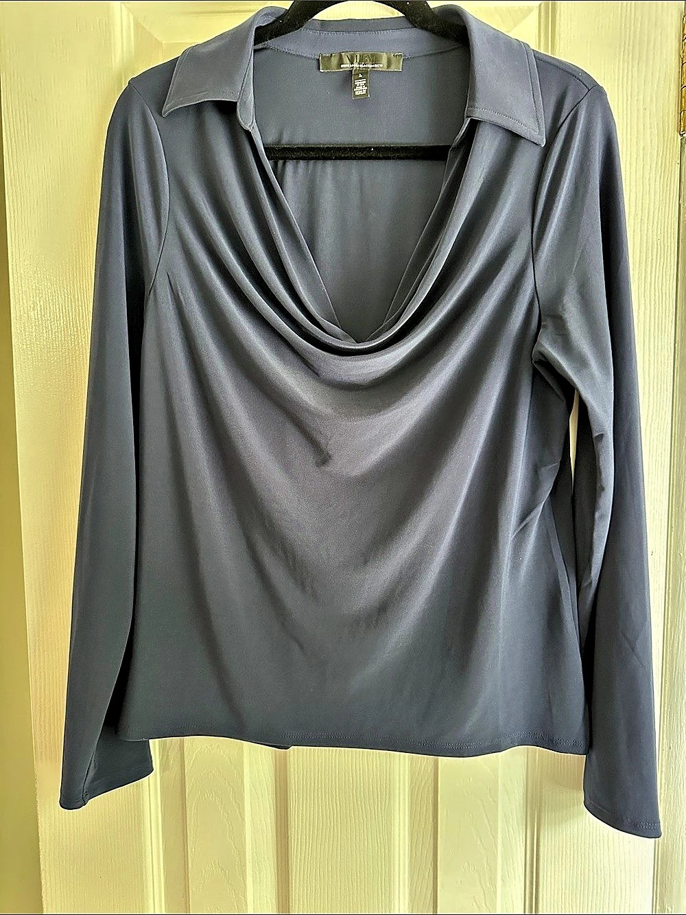 White House Black Market Collar Cowl Neck Long Sleeve Top Navy Large